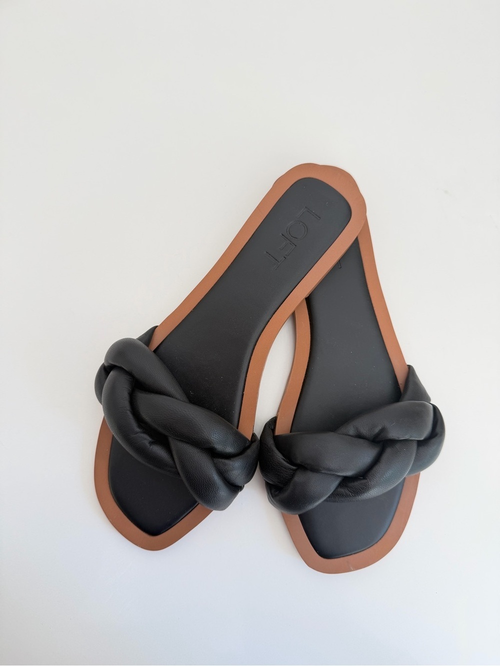 LOFT Braided Strap Slide Sandals Black Leather Size 6 Minimalist